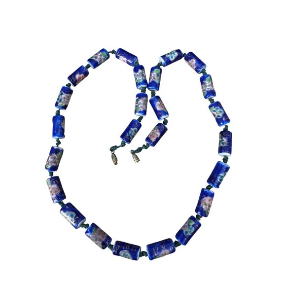 Vintage Chinese Cloisonne Blue Floral Glass Bead Necklace With Barrel Clasp 22" - Picture 5 of 6